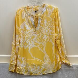 SoCa by St. John Yellow and White print women’s small silk blend Blouse